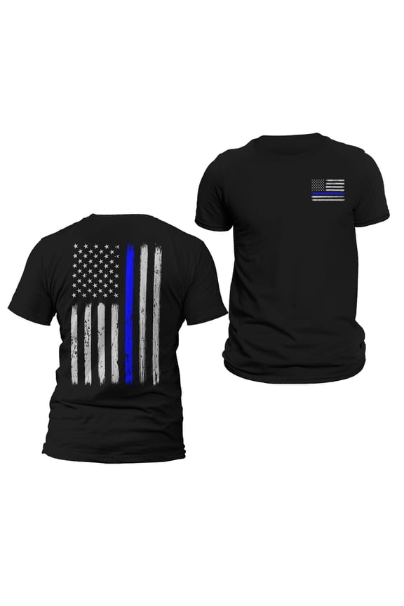 Police Thin Blue Line Flag Front & Back Print Vertical Brushed Design T-Shirt