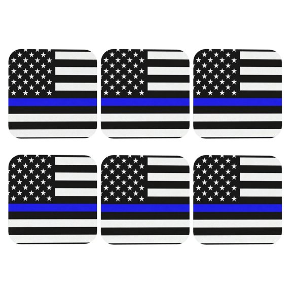 Police Thin Blue Line Flag Leather Drinks Coasters Suitable for Various Cups Set of 6 Square