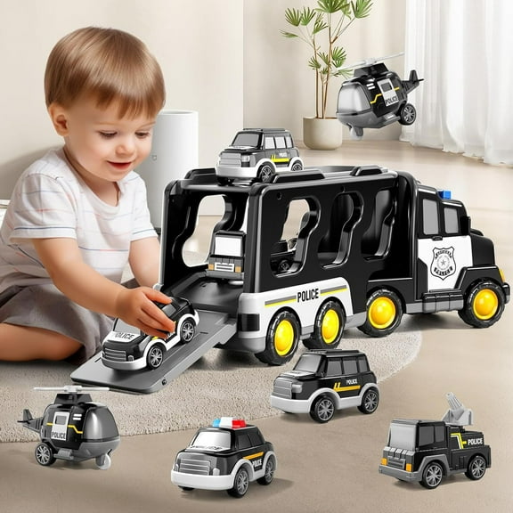 Police Truck T-oy under $5! Xqxayjr Police Truck T-oy Carrier Vehicle, Friction Powered Transport Truck with 3 Small Cars Helicopter, Toddler T-oys for B-oys Age 3-9, K-ids Birthday Gifts