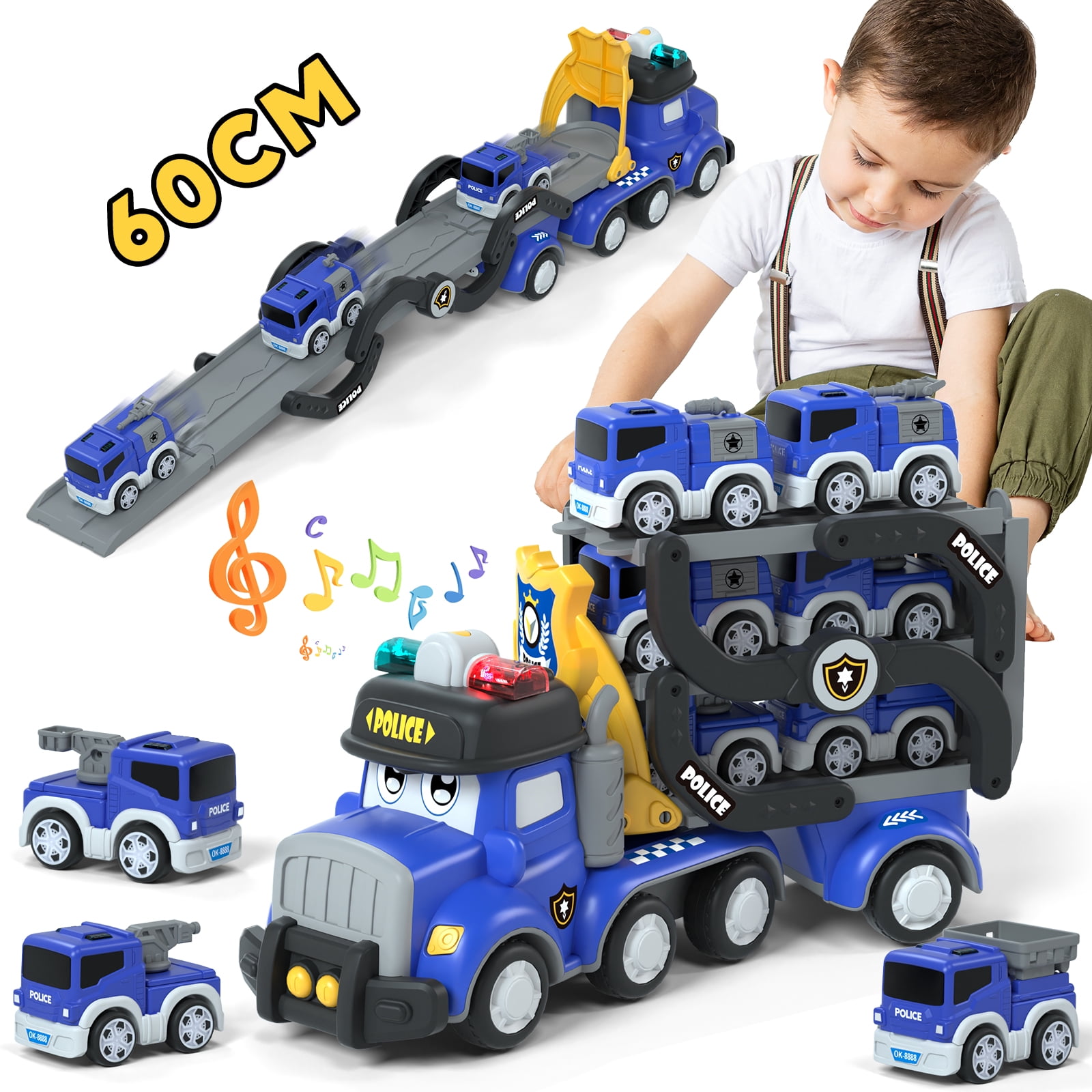 Toddler Toy for 2 3 4 5 Year Old Boys, Police Truck Toy Car with Light & Siren, 3 Layer Toy Truck Car Set with 6 Pull Back Cars & Race Track, Best Birthday Gifts for Age 2-5 Boys