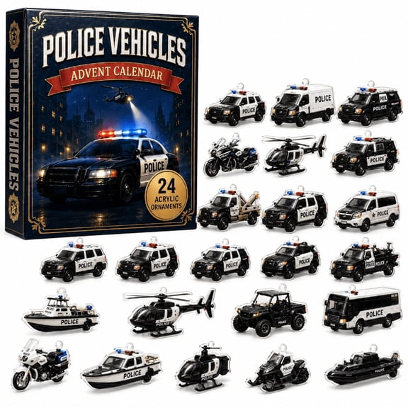 Police Vehicles Fleet Advent Calendar 2026 24-Day 2D Festive Countdown, Christmas 2026 Police Vehicle Sets with Cruisers, Tactical Vans, Helicopters, and Boats, Decor Gift for Car Collectors