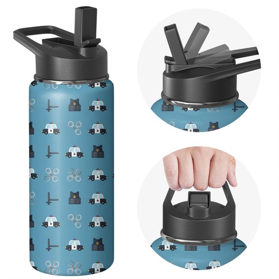 Police and Vest Blue Pattern Insulated Water Bottle with Straw, Vacuum Insulated Vacuum Thermal Flask Built-in Carry Handle Gifts Ideas for Home Office Outdoor Sports Car