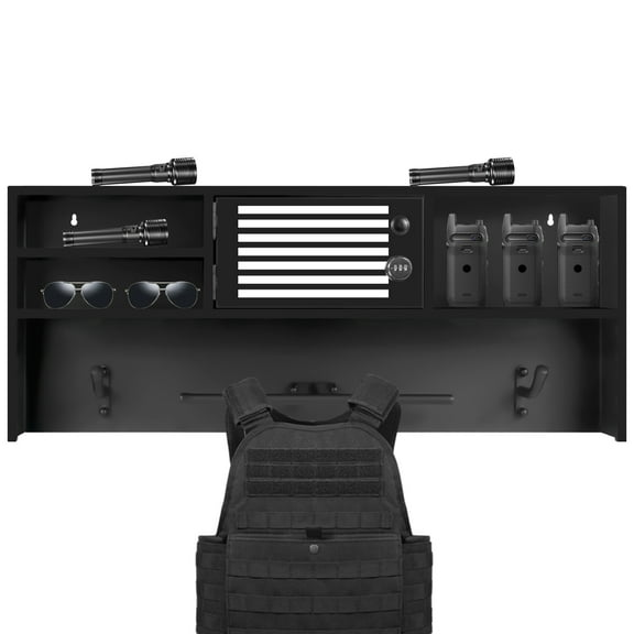 Police Wall Rack, Body Armor Stand, Tactical Gear Racks, Black Metal Wall Mounted with Hooks, Powder Coated Finish for Security Department