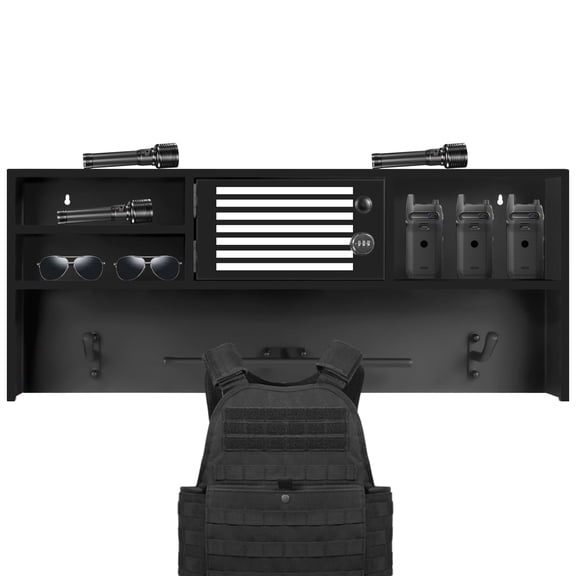 Police Wall Rack, Body Armor Stand, Tactical Gear Racks, Black Metal Wall Mounted with Hooks, Powder Coated Finish for Security Department