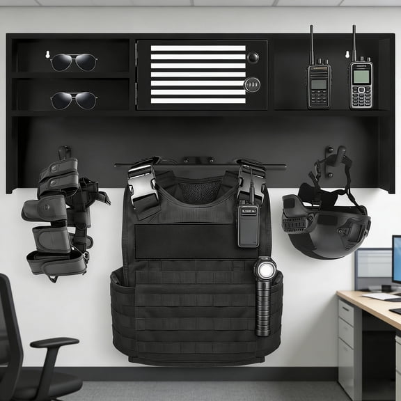 Police Wall Rack, Police Gear Rack, Tactical Gear Racks - Black Powder Coated Wall Mounted with Hooks, 140 LBS Capacity for Security Department