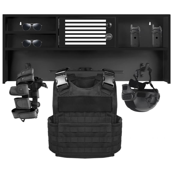 Police Wall Rack, Police Gear Stand, Wall Mounted Police Hanger,Black Heavy-Duty with Combination Lock, Solid Pattern, 1 Shelf for Police Gift Decor