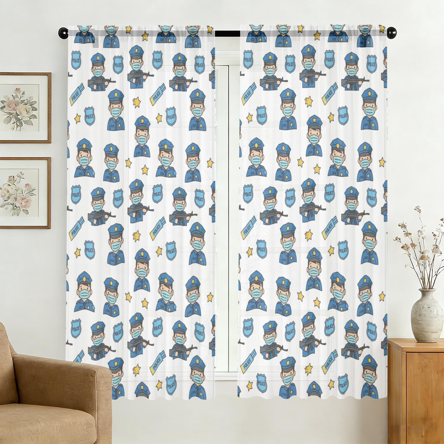 Rheed Pattern 111 Police White Pattern Sheer Curtains, Rod Pocket Sheer Drapes with Dual ...