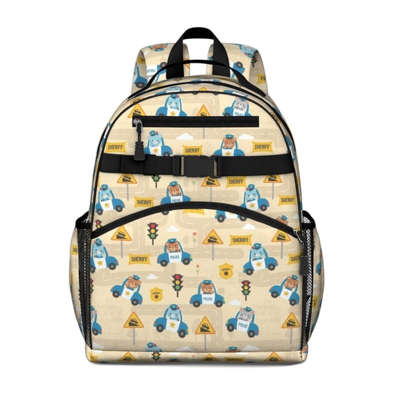 Police and Bear Beige Pattern Backpack for School, Cute School Bag with Adjustable Shoulder Straps and Padded Back, 15.25"x11.5"x5.25"