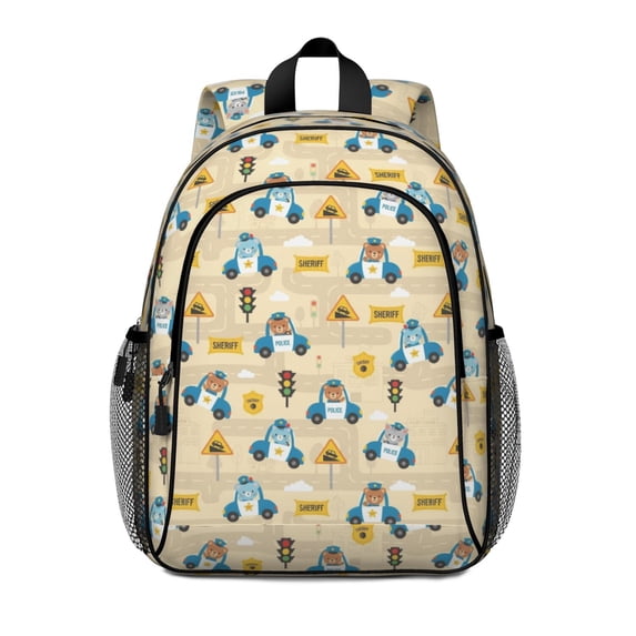 Police and Bear Beige Pattern Backpack for School, Cute School Bag with Adjustable Shoulder Straps and Padded Back, 15"x11.42"x5.5"