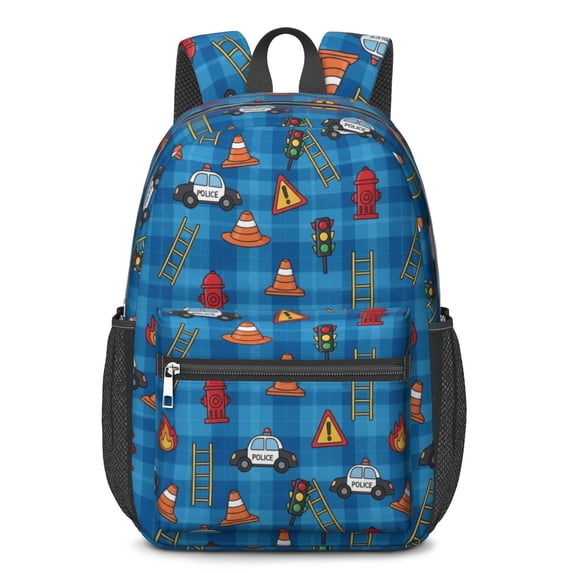 Police and Fire Hydrant Blue Pattern 17" Waterproof Oxford School Backpacks for Teens, S-Shape Padded Straps, for School, Travel, Hiking, Camping