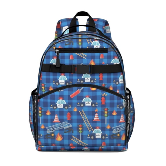 Police and Fire Red Pattern Backpack for School, Cute School Bag with Adjustable Shoulder Straps and Padded Back, 15.25"x11.5"x5.25"