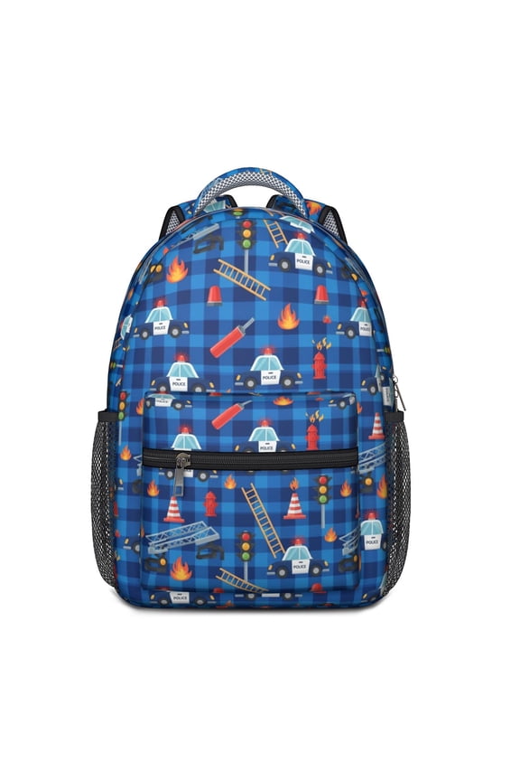 Police and Fire Red Pattern Backpack for School, Cute School Bag with Adjustable Shoulder Straps and Padded Back, 15.3"x11"x6.7"