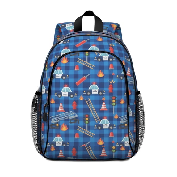 Police and Fire Red Pattern Backpack for School, Cute School Bag with Adjustable Shoulder Straps and Padded Back, 15"x11.42"x5.5"