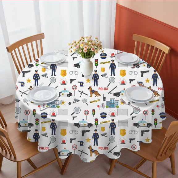 Police and German Shepherd Round Tablecloth 70"x70", Wrinkle Resistant Wipeable Table Cover for Kitchen Dining Room Picnic Patio and Party