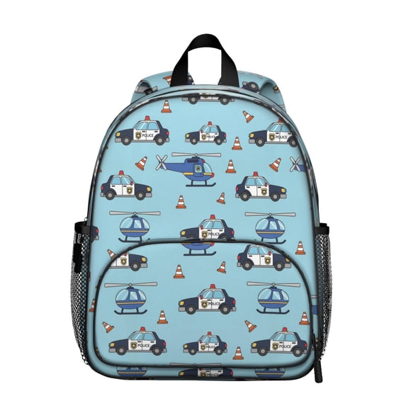Police and Helicopter Blue Pattern Backpack for School, Cute School Bag with Adjustable Shoulder Straps and Padded Back, 13.8"x11.4"x6"