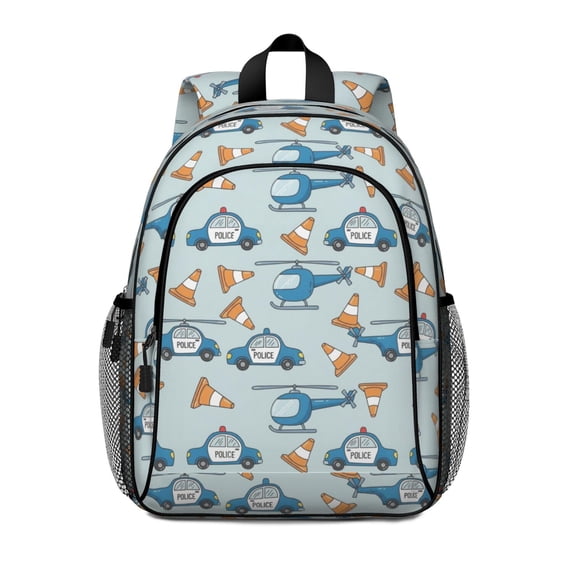 Police and Helicopter Blue Pattern Backpack for School, Cute School Bag with Adjustable Shoulder Straps and Padded Back, 15"x11.42"x5.5"