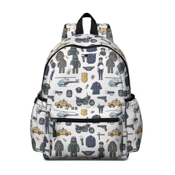 Police and Helicopter White Pattern Backpack for School, Cute School Bag with Adjustable Shoulder Straps and Padded Back, 13.4"x11"x4.7"