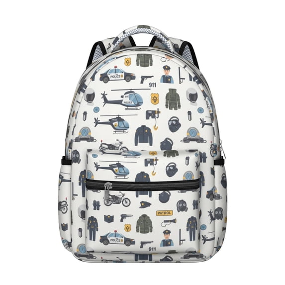 Police and Helicopter White Pattern Backpack for School, Cute School Bag with Adjustable Shoulder Straps and Padded Back, 15.3"x11"x7.1"