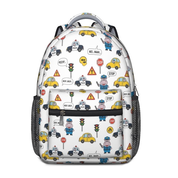 Police and Hippo White Pattern Backpack for School, Cute School Bag with Adjustable Shoulder Straps and Padded Back, 15.3"x11"x6.7"