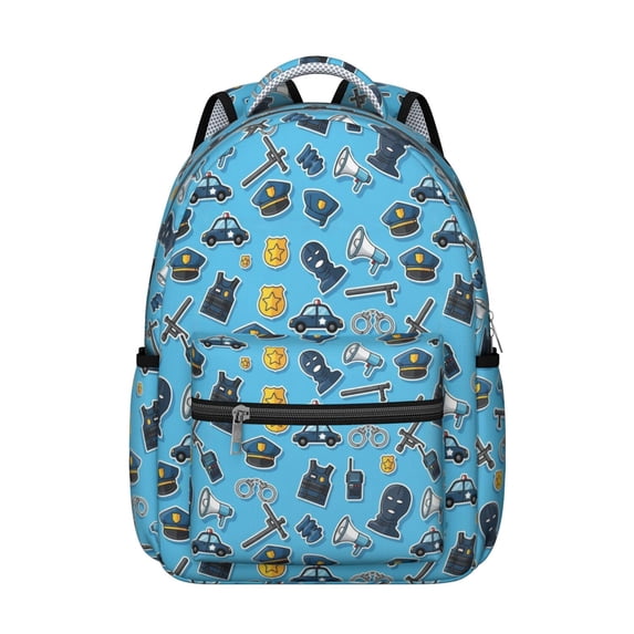 Police and Megaphone Blue Pattern Backpack for School, Cute School Bag with Adjustable Shoulder Straps and Padded Back, 15.3"x11"x7.1"