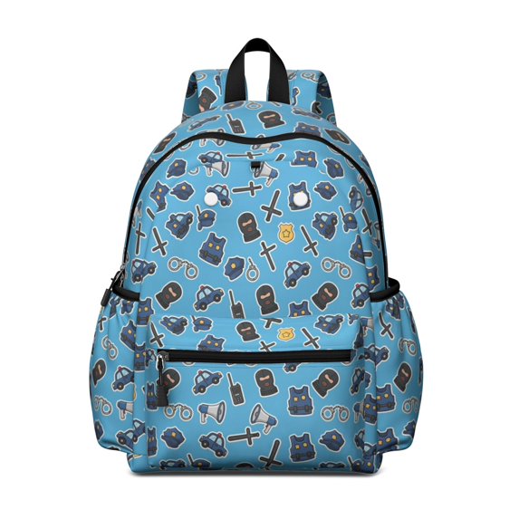 Police and Megaphone Blue Pattern Cute School Backpack with Padded Back and Adjustable Shoulder Straps 13.4"x11"x4.7"