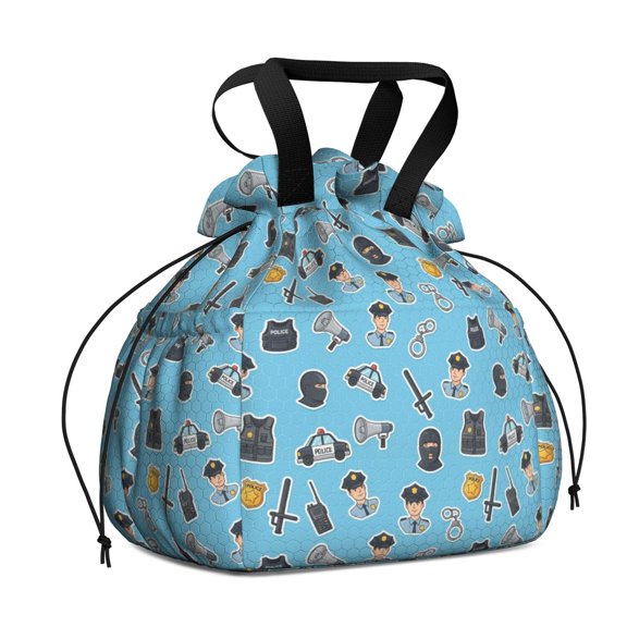 Police and Megaphone Blue Pattern Drawstring Insulated Lunch Bag for Women, Stain-Resistant Large Lunch Tote with Multi-Pockets for Work Office