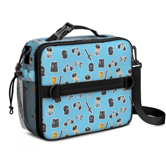 Police and Megaphone Blue Pattern Insulated Lunch Bag with Shoulder Strap and Bottle Holder,Bento School Lunch Bag Box,11x9.5x3.5 Inches