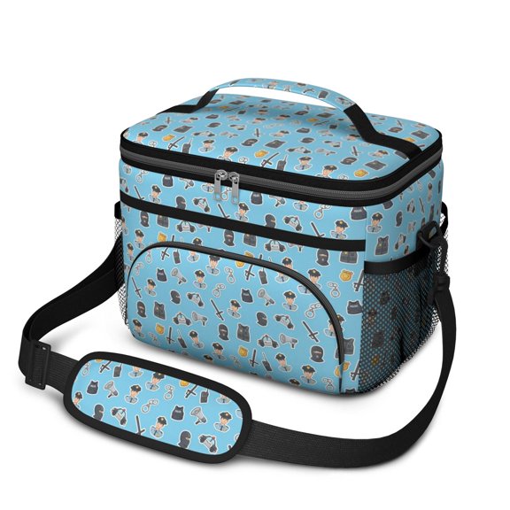 Police and Megaphone Blue Pattern Insulated Lunch Box for Women Men, Medium Leakproof Cooler Bag with Adjustable Strap, 10"x6.7"x8"
