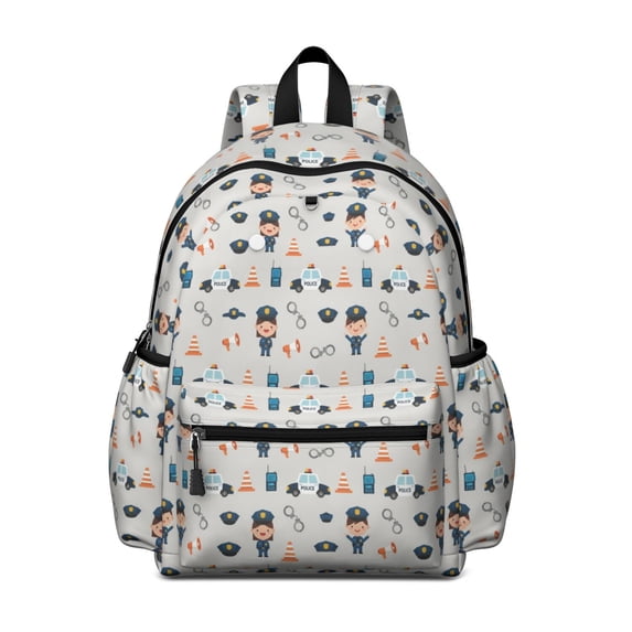 Police and Megaphone White Pattern Cute School Backpack with Padded Back and Adjustable Shoulder Straps 13.4"x11"x4.7"