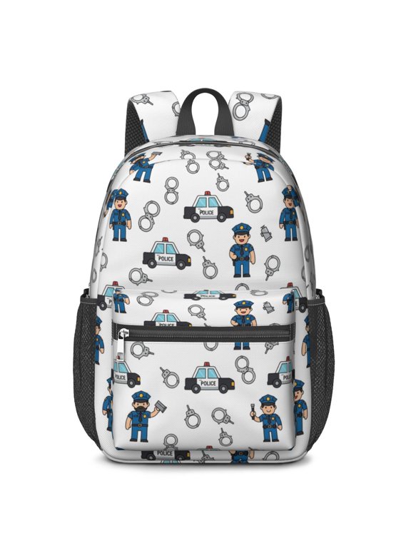 Police and Officer White Pattern 17" Waterproof Oxford School Backpacks for Teens, S-Shape Padded Straps, for School, Travel, Hiking, Camping