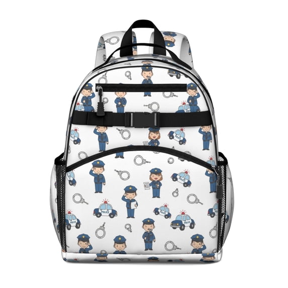 Police and Officer White Pattern Backpack for School, Cute School Bag with Adjustable Shoulder Straps and Padded Back, 15.25"x11.5"x5.25"