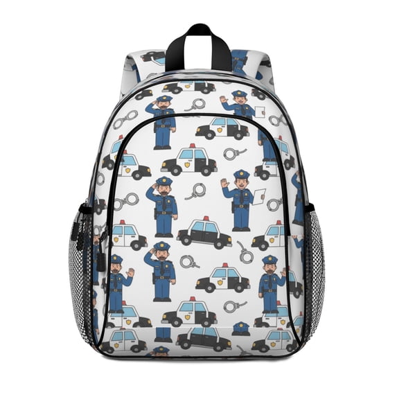 Police and Officer White Pattern Backpack for School, Cute School Bag with Adjustable Shoulder Straps and Padded Back, 15"x11.42"x5.5"