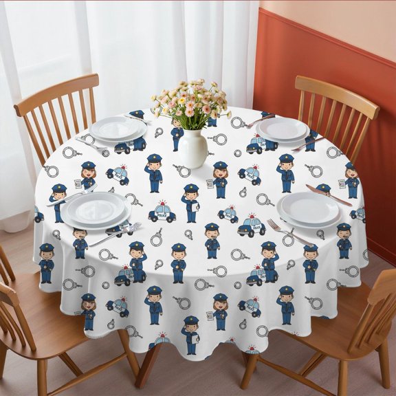 Police and Officer White Pattern Round Tablecloth 70"x70", Wrinkle Resistant Wipeable Table Cover for Kitchen Dining Room Picnic Patio and Party