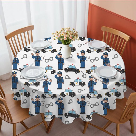 Police and Officer White Pattern Round Tablecloth 70"x70", Wrinkle Resistant Wipeable Table Cover for Kitchen Dining Room Picnic Patio and Party