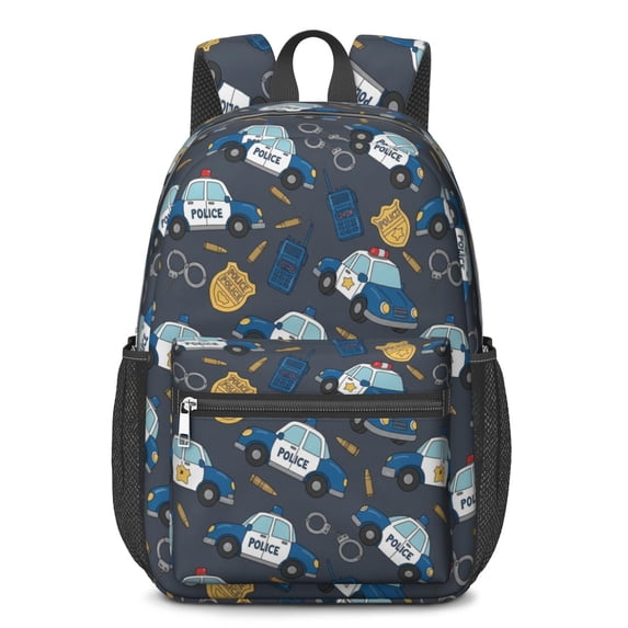 Police and Radio Black Pattern 17" Waterproof Oxford School Backpacks for Teens, S-Shape Padded Straps, for School, Travel, Hiking, Camping