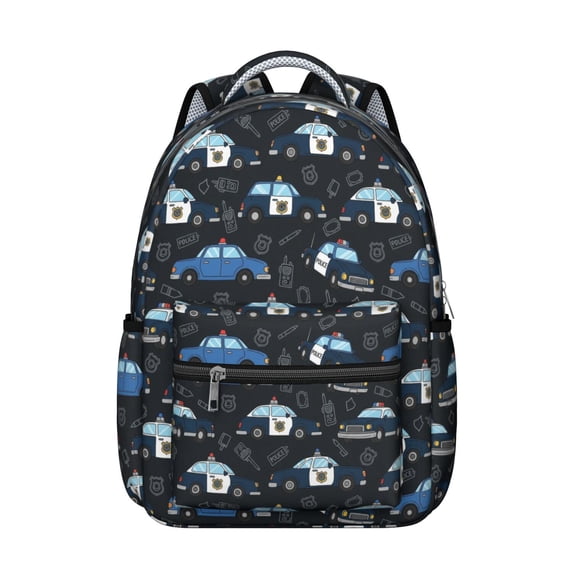 Police and Radio Black Pattern Backpack for School, Cute School Bag with Adjustable Shoulder Straps and Padded Back, 15.3"x11"x7.1"