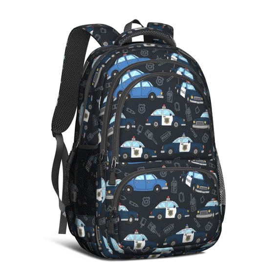 Police and Radio Black Pattern Backpack for School, Cute School Bag with Adjustable Shoulder Straps and Padded Back, 16.9"x12.6"x5.9"