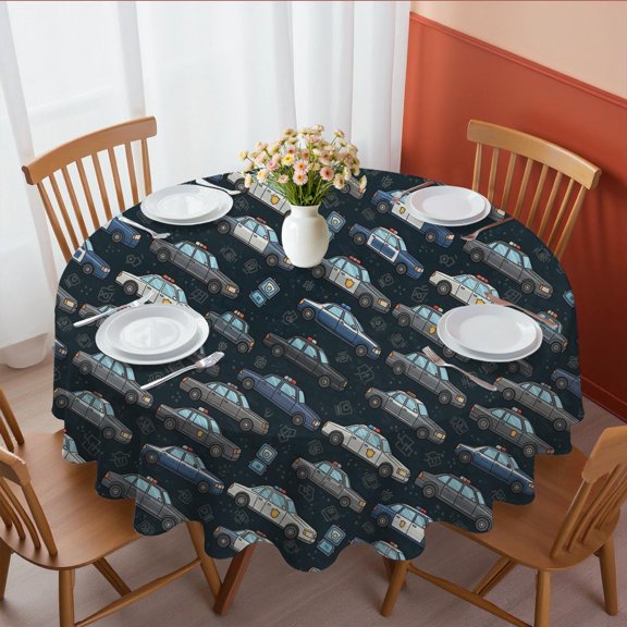 Police and Radio Black Pattern Round Tablecloth 70"x70", Wrinkle Resistant Wipeable Table Cover for Kitchen Dining Room Picnic Patio and Party