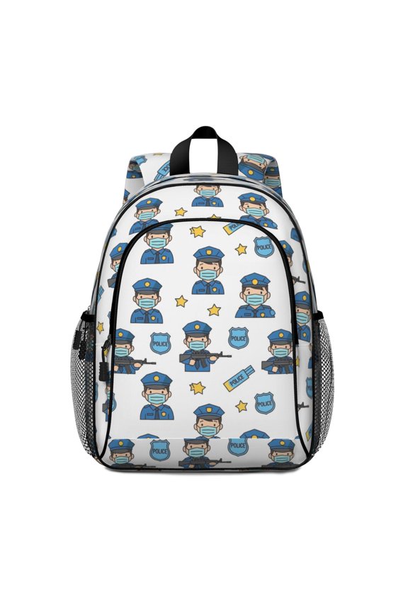 Police and Rifle White Pattern Backpack for School, Cute School Bag with Adjustable Shoulder Straps and Padded Back, 15"x11.42"x5.5"