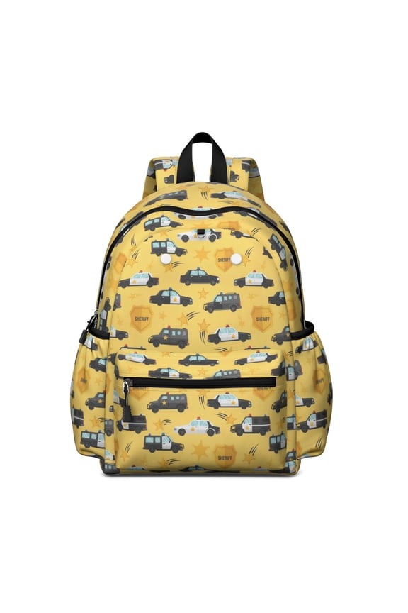 Police and Sheriff Yellow Pattern Backpack for School, Cute School Bag with Adjustable Shoulder Straps and Padded Back, 13.4"x11"x4.7"
