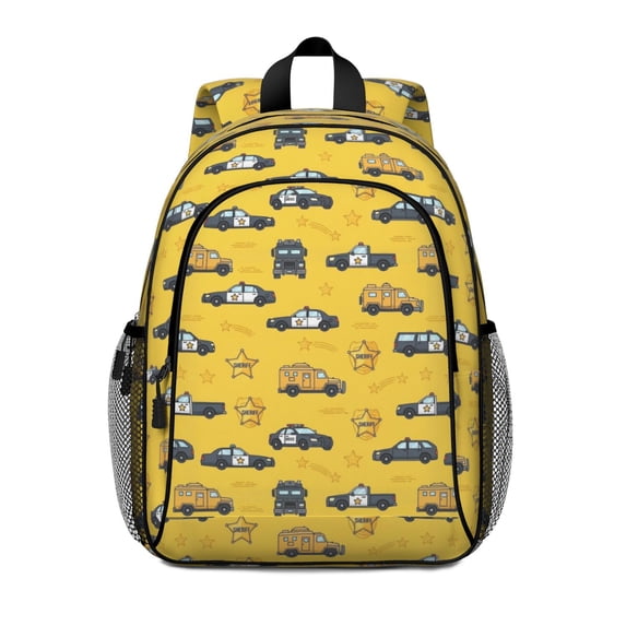 Police and Sheriff Yellow Pattern Backpack for School, Cute School Bag with Adjustable Shoulder Straps and Padded Back, 15"x11.42"x5.5"