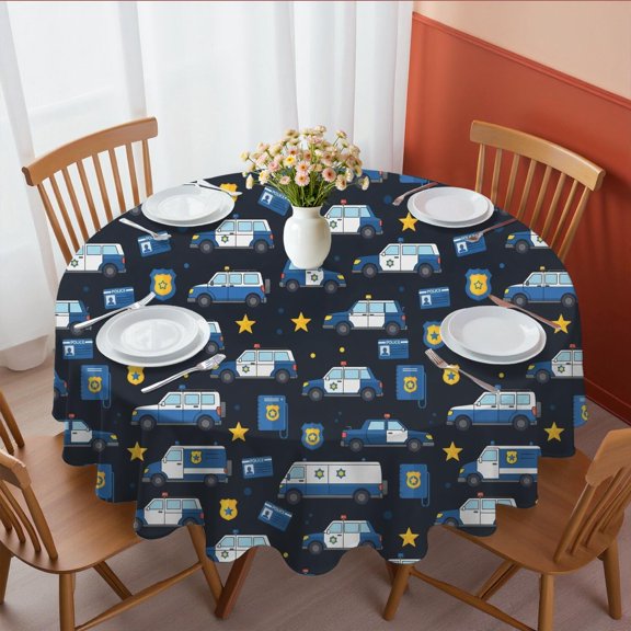 Police and Star Black Pattern Round Tablecloth 70"x70", Wrinkle Resistant Wipeable Table Cover for Kitchen Dining Room Picnic Patio and Party