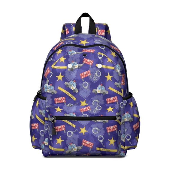Police and Star Purple Pattern Backpack for School, Cute School Bag with Adjustable Shoulder Straps and Padded Back, 13.4"x11"x4.7"