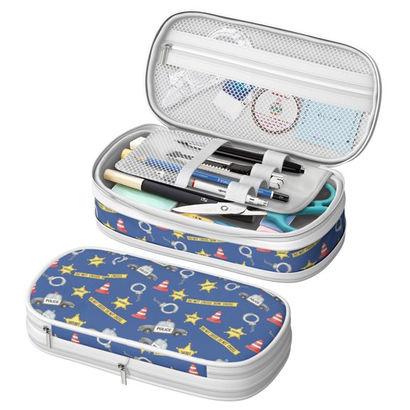 Police and Traffic Cone Blue Pattern Large Capacity Double Layer Pencil Case, Stationery Storage Pouch Bag, 8.66"x4.13"x3.54"