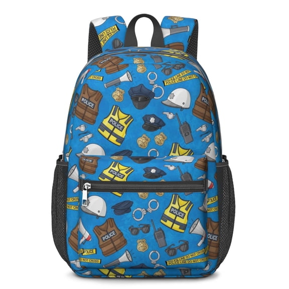 Police and Vest Blue Pattern 17" School Backpacks for Teens,Waterproof Oxford Fabric,S-Shape Padded Straps for School,Travel,Hiking,Camping