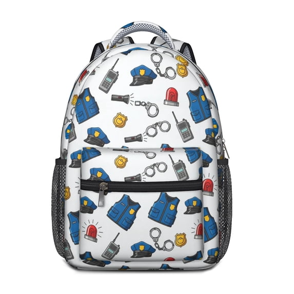 Police and Vest White Pattern Backpack for School, Cute School Bag with Adjustable Shoulder Straps and Padded Back, 15.3"x11"x6.7"
