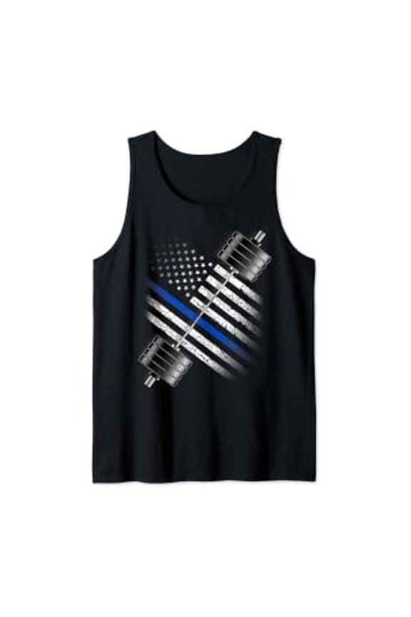 Policeman And Leo Powerlifting Thin Blue Line Usa Flag Tank Top Size S-3XL