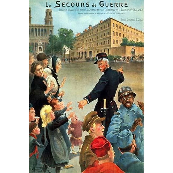 Policemen, soldiers, and civilians standing outside the Ancien S_minaire St. Sulpice which houses Le Secours de Guerre (the relief agency for war victims). Poster Print (18 x 24)