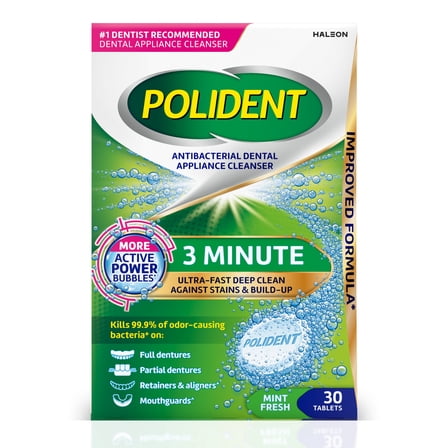 Polident 3 Minute Antibacterial Dental Appliance Cleanser Tablets, 30 Count