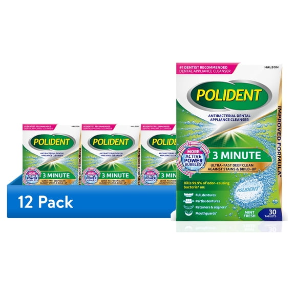 (12 pack) Polident 3 Minute Antibacterial Dental Appliance Cleanser Tablets, Retainer Cleaner Tablets, 30 Count